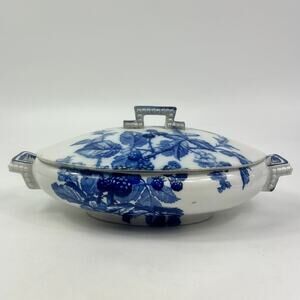 Antique BWM Pomona Flow Blue Covered Vegetable Tureen England 1850s Oval Handled